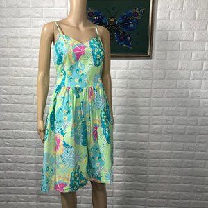 Lilly Pulitzer Blue and Pink Peacock Floral Midi Dress